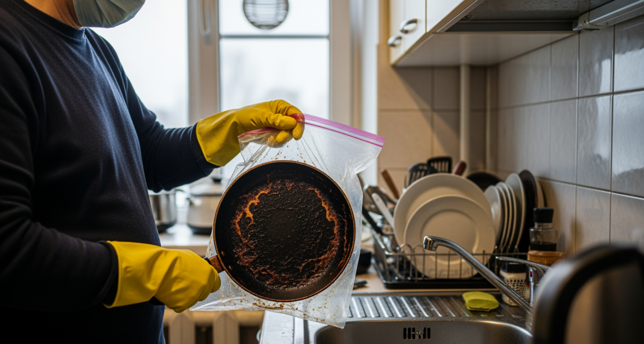 Запечатываю старую сковородку в обычный пакет на час и она сияет как новая — соседка не поверила