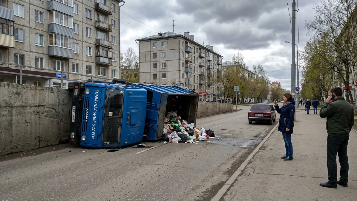 В Уфе мусоровоз перевернулся на повороте и влетел в бетонную стену