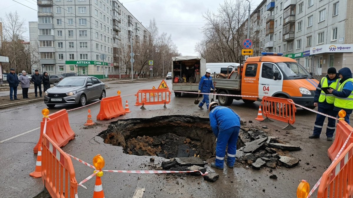 В Уфе на улице Менделеева провалился грунт из-за подмыва коллектора
