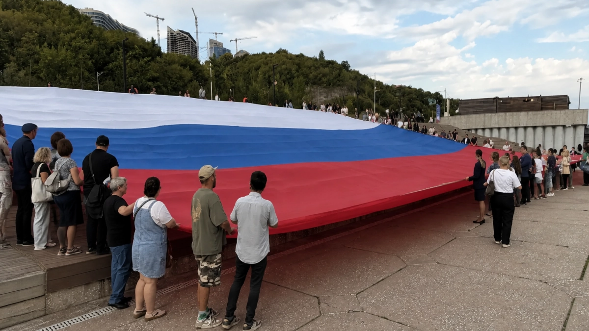 Спасатели Башкирии развернули огромный триколор на набережной ко Дню флага