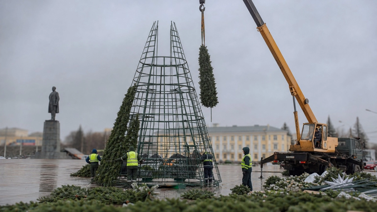 На площади Ленина в Уфе установили 20-метровую главную новогоднюю ёлку
